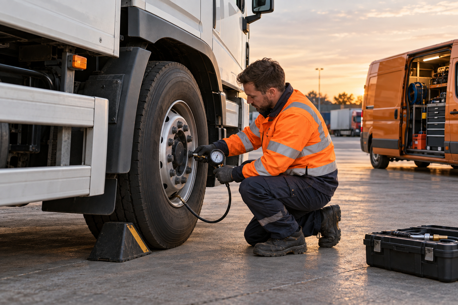 Tyre technician checking a white commercial truck tyre in a UK depot with an orange service van